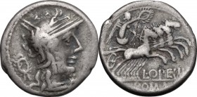 L. Opimius. AR Denarius, 131 BC. D/ Head of Roma right, helmeted; behind, wreath. R/ Victory in quadriga right. Cr. 253/1. B.12. AR. g. 3.84 mm. 17.00...