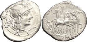 M. Acilius M.f. AR Denarius, 130 BC. D/ Head of Roma right, helmeted. R/ Hercules in quadriga right, holding club and trophy. Cr. 255/1. AR. g. 3.88 m...