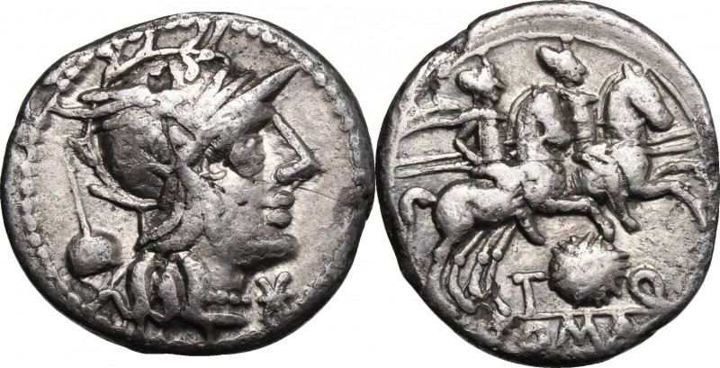 T. Quinctius Flamininus. AR Denarius, 126 BC. D/ Head of Roma right, helmeted; b...