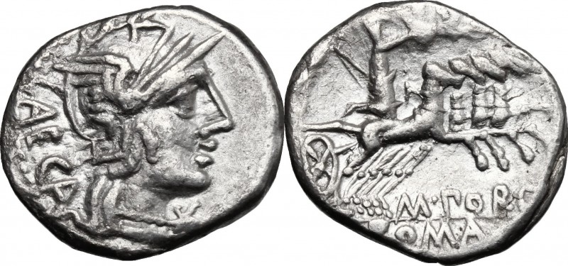 M. Porcius Laeca. AR Denarius, 125 BC. D/ Head of Roma right, helmeted. R/ Liber...