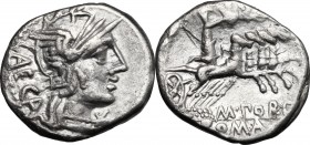 M. Porcius Laeca. AR Denarius, 125 BC. D/ Head of Roma right, helmeted. R/ Libertas in quadriga right, crowned by flying Victory, holding reins, rod a...