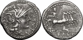 Q. Fabius Labeo. AR Denarius, 124 BC. D/ Head of Roma right, helmeted. R/ Jupiter in quadriga right, holding sceptre and reins and hurling thunderbolt...