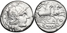 C. Porcius Cato. AR Denarius, 123 BC. D/ Head of Roma right, helmeted. R/ Victory in biga right. Cr. 274/1. AR. g. 3.90 mm. 17.00 About VF.