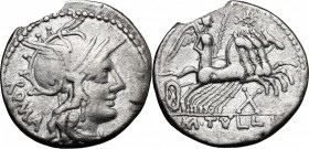 M. Tullius. AR Denarius, 120 BC. D/ Head of Roma right, helmeted. R/ Victory in quadriga right, holding palm and reins; above horses, wreath. Cr. 280/...