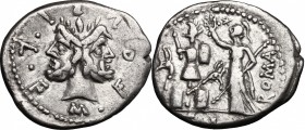 M. Furius L. f. Philus. AR Denarius, 119 BC. D/ Head of Janus, laureate. R/ Roma standing left, crowning trophy flanked by carnyx and shield on each s...