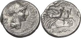 M. Cipius M. f. AR Denarius, 115-114 BC. D/ Helmeted head of Roma right; before, M.CIPI.M.F; behind, X. R/ Victory in biga right; holding reins in lef...