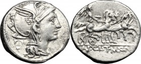 Appius Claudius Pulcher, T. Manlius Mancinus and Q. Urbinius. AR Denarius, 111-110 BC. D/ Head of Roma right, helmeted. R/ Victory in triga right; hol...