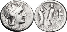 P. Laeca. AR Denarius, 110-109 BC. D/ Head of Roma right, helmeted. R/ Roman warrior standing left, placing his hand on the head of a citizen; lictor ...