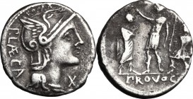 P. Laeca. AR Denarius, 110-109 BC. D/ Helmeted head of Roma right; below chin, X. R/ Roman warrior standing left, placing his hand on the head of a ci...