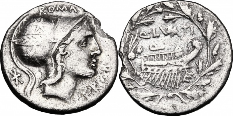 Q. Lutatius Cerco. AR Denarius, 109-108 BC. D/ Head of Roma right, wearing helme...