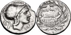 Q. Lutatius Cerco. AR Denarius, 109-108 BC. D/ Head of Roma right, wearing helmet decorated with stars. R/ Ship right; all within oak wreath. Cr. 305/...