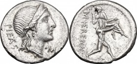 M. Herennius. AR Denarius, 108-107 BC. D/ Head of Pietas right, diademed. R/ One of the Catanaean brothers running right, bearing his father on his sh...