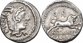 L. Thorius Balbus. AR Denarius, 105 BC. D/ Head of Juno Sospita right, wearing goat-skin. R/ Bull charging right; above, R. Cr. 316/1. AR. g. 3.86 mm....