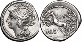 C. Coelius Caldus. AR Denarius, 104 BC. D/ Head of Roma left, helmeted. R/ Victory in biga left, holding reins; in exergue, E:. Cr. 318/1b. B. 3. AR. ...