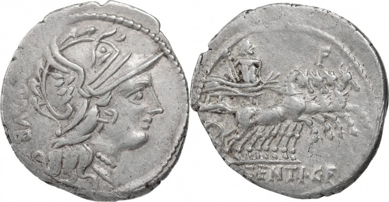 L. Sentius C.f. AR Denarius, 101 BC. D/ Head of Roma right, helmeted. R/ Jupiter...