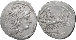 L. Sentius C.f. AR Denarius, 101 BC. D/ Head of Roma right, helmeted. R/ Jupiter in quadriga right, holding scepter, thunderbolt and reins. Cr. 325/1....
