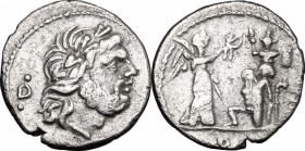 C. Fundanius. AR Quinarius, 101 BC. D/ Head of Jupiter right, laureate; behind, D between pellets. R/ Victory standing right, crowning trophy; between...