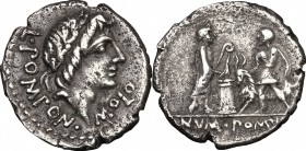L. Pomponius Molo. AR Denarius, 97 BC. D/ Head of Apollo right, laureate. R/ Numa Pompilius, holding lituus behind lighted altar to which victimarius ...