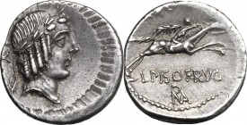 L. Calpurnius Piso Frugi. AR Denarius, 90 BC. D/ Laureate head of Apollo right. R/ Horseman galloping right, holding palm; below, ROMA in monogram. Cr...