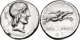 L. Calpurnius Piso Frugi. AR Denarius, 90 BC. D/ Head of Apollo right, laureate; behind, cornucopiae. R/ Horseman right; holding palm-branch; below, R...