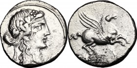 Q. Titius. AR Denarius, 90 BC. D/ Head of Liber right, wearing ivy-wreath. R/ Q. TITI on tablet from which springs Pegasus. Cr. 341/2. AR. g. 3.67 mm....