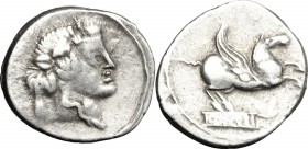 Q. Titius. AR Denarius, 90 BC. D/ Head of Liber right, wearing ivy-wreath. R/ Q. TITI on tablet from which springs Pegasus. Cr. 341/2. B.2. AR. g. 3.8...