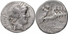 C. Vibius C. f. Pansa. AR Denarius, 90 BC. D/ Head of Apollo right, laureate. R/ Minerva in quadriga right, holding trophy, spear and reins. Cr. 342/5...