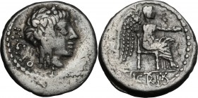 M. Cato. AR Quinarius, 89 BC. D/ Head of Liber right, wearing ivy-wreath. R/ Victory seated right, holding patera and palm-branch. Cr. 343/2a. AR. g. ...
