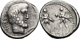 L. Titurius L. f. Sabinus. AR Denarius, 89 BC. D/ Head of King Tatius right; behind, SABIN; below chin, palm. R/ Rape of the Sabine women; in exergue,...