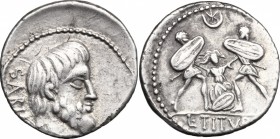 L. Titurius L. f. Sabinus. AR Denarius, 89 BC. D/ Head of King Tatius right, bearded. R/ Two soldiers with large shields killing Tarpeia; above, star ...
