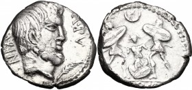 L. Titurius L. f. Sabinus. AR Denarius, 89 BC. D/ Head of King Tatius right; bearded; below, chin, palm frond. R/ Two soldiers with large shields kill...