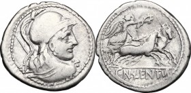 Cn. Cornelius Lentulus Clodianus. AR Denarius, 88 BC. D/ Bust of Mars right, helmeted, seen from behind. R/ Victory in biga right, holding reins and w...