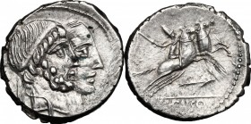 C. Marcius Censorinus. AR Denarius, 88 BC. D/ Jugate heads of Numa Pompilius and Ancus Marcius. R/ Desultor right, holding whip; below, arrow. Cr. 346...