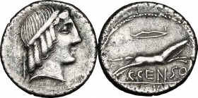 C. Marcius Censorinus. AR Denarius, 88 BC. D/ Head of Apollo right, diademed. R/ Horse running right, wearing bridle; above bow. Cr. 346/2. AR. g. 3.3...