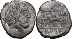 L. Rubrius Dossenus. AR Denarius, 87 BC. D/ Head of Jupiter right, laureate; behind, sceptre. R/ Triumphal chariot right, small Victory standing on it...
