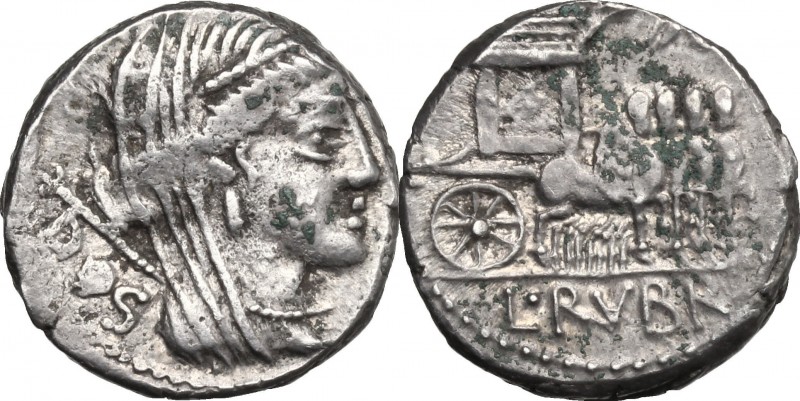 L. Rubrius Dossenus. AR Denarius, 87 BC. D/ Head of Juno right, diademed, veiled...