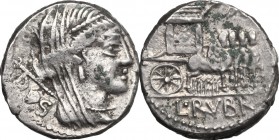 L. Rubrius Dossenus. AR Denarius, 87 BC. D/ Head of Juno right, diademed, veiled, with sceptre on left shoulder. R/ Triumphal chariot, side panel deco...