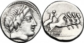 Vergilius, Gargilius and Ogulnius. AR Denarius, 86 BC. D/ Head of Apollo right, wearing oak-wreath; below, thunderbolt. R/ Jupiter in quadriga right, ...