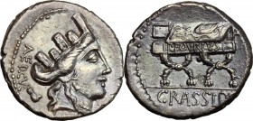 P. Furius Crassipes. AR Denarius, 84 BC. D/ Turreted head of Cybele right; behind, foot upwards. R/ Curule chair inscribed P. FOVRIVS. Cr. 356/1a. B. ...