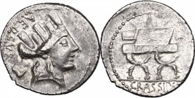 P. Furius Crassipes. AR Denarius, 84 BC. D/ Turreted head of Cybele right; behind, foot upwards. R/ Curule chair inscribed P. FOVRIVS. Cr. 356/1. AR. ...