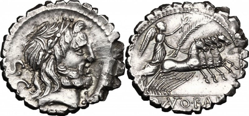 Q. Antonius Balbus. AR Denarius serratus, 83-82 BC. D/ Head of Jupiter right, la...