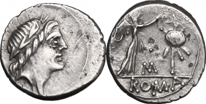 Anonymous. AR Quinarius, 81 BC. D/ Head of Apollo right, laureate. R/ Victory ri...