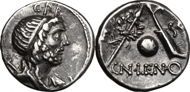 Cn. Lentulus. AR Denarius, 76-75 BC. D/ Diademed and draped bust of the Genius o...