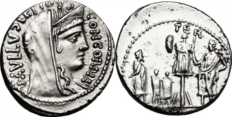 L. Aemilius Lepidus Paullus. AR Denarius, 62 BC. D/ Veiled and diademed head of ...