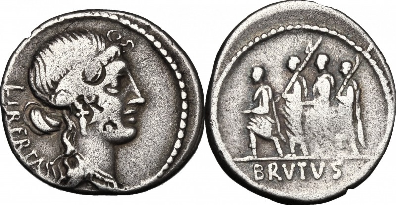 M. Junius Brutus. AR Denarius, 54 BC. D/ Head of Libertas right. R/ L. Junius Br...