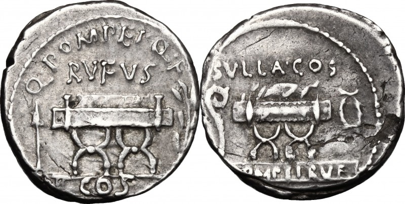 Q. Pompeius Rufus. AR Denarius, 54 BC. D/ Curule chair flanked by arrow and laur...