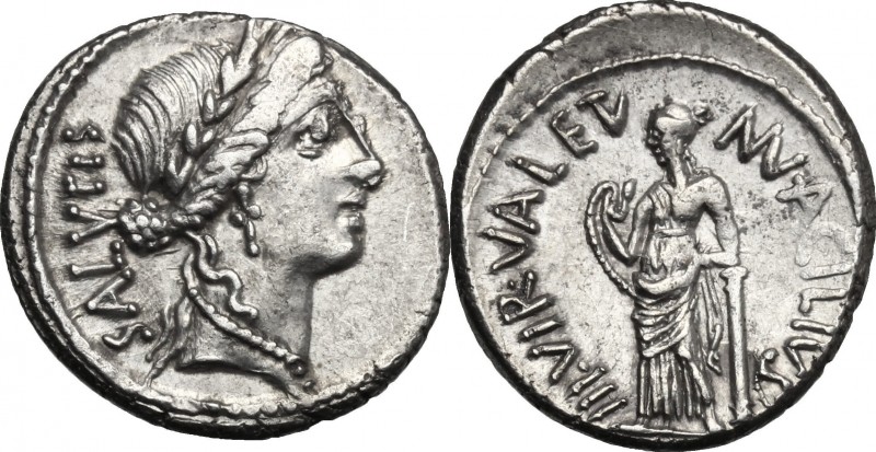 Man. Acilius Glabrio. AR Denarius, 49 BC. D/ Laureate head of Salus right. R/ Va...