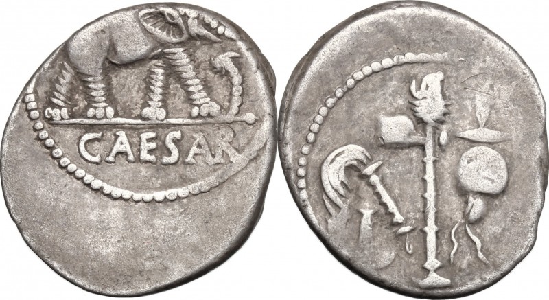 Julius Caesar. AR Denarius, mint moving with Caesar, 49-48 BC. D/ Elephant advan...