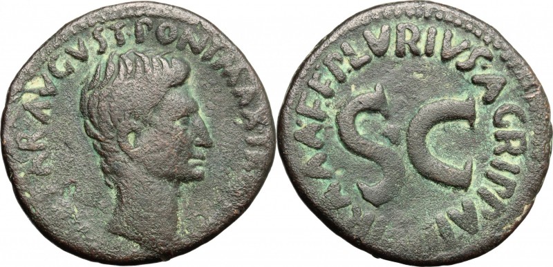 Augustus (27 BC - 14 AD). AE As, 7 BC. D/ Head right, bare. R/ Large SC surround...