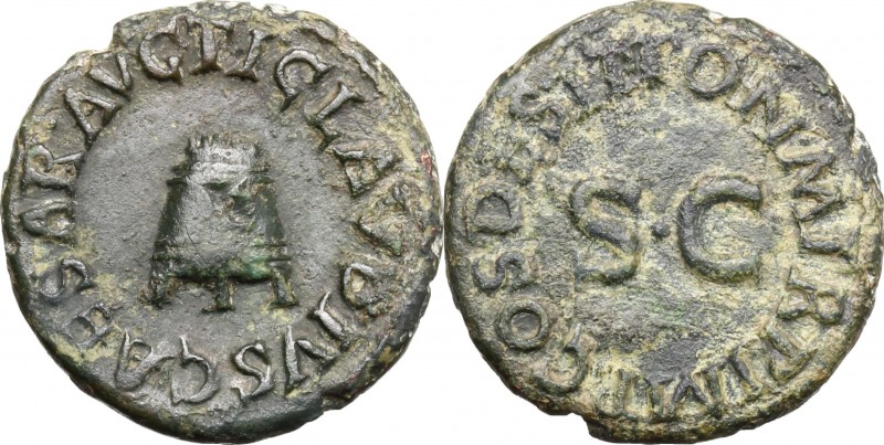 Claudius (41-54). AE Quadrans, 41 AD. D/ Modius. R/ Large SC surrounded by legen...